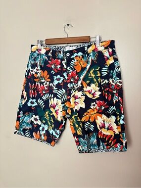 Denim & Flower Ricky Singh Tropical Floral Shorts flat front chono stretch sz 34